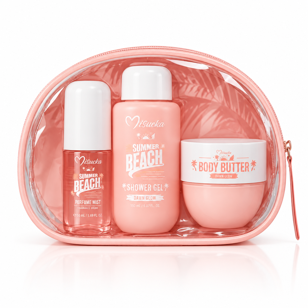 Misucka Summer Beach Travel Gift Set Dawn Glow - Neceser rosa pálido con Perfume Mist, Shower Gel y Body Butter