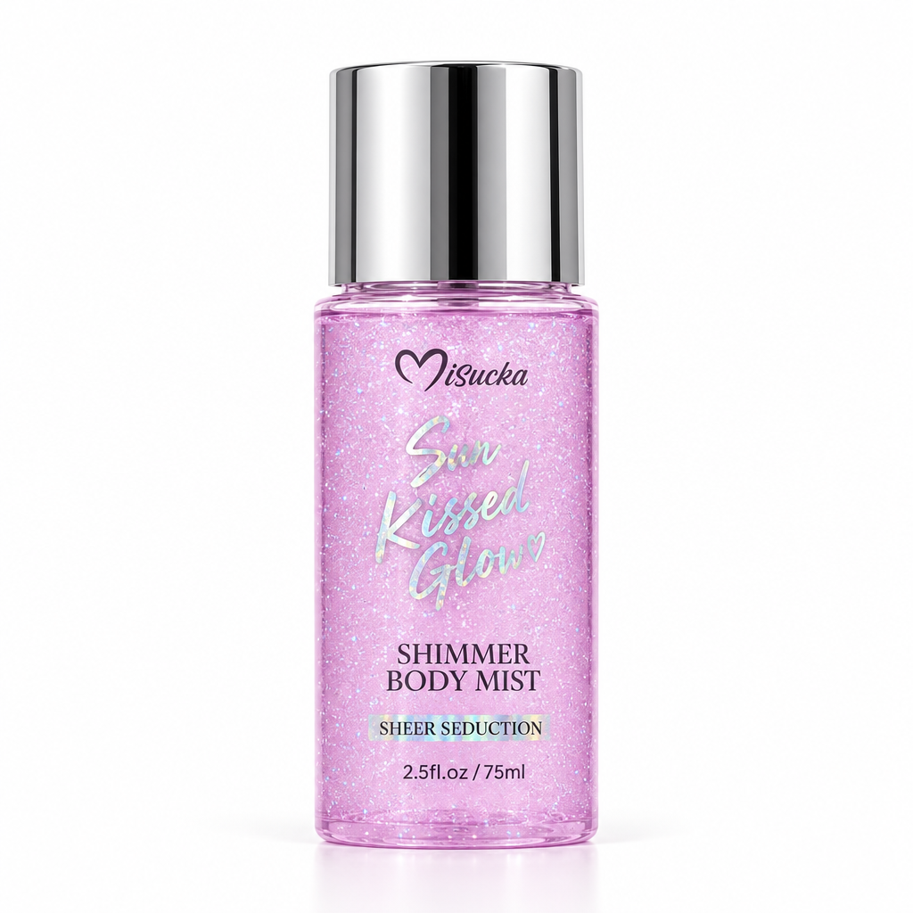 Misucka Sun Kissed Glow Shimmer Body Mist Sheer Seduction 75ml - Frasco mini rosa lila con tapa plateada