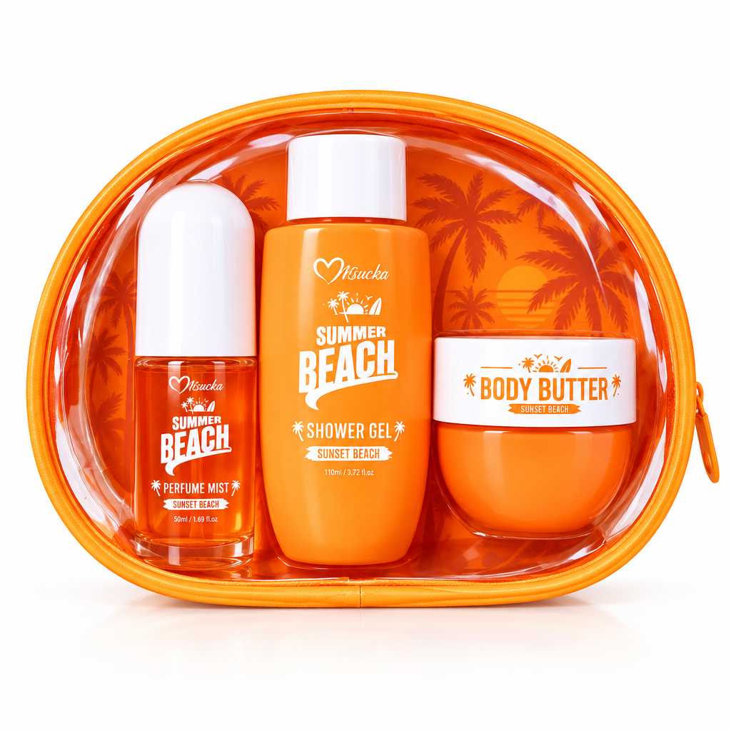 Misucka Travel Gift Set Sunset Beach - Neceser naranja con Perfume Mist, Shower Gel y Body Butter