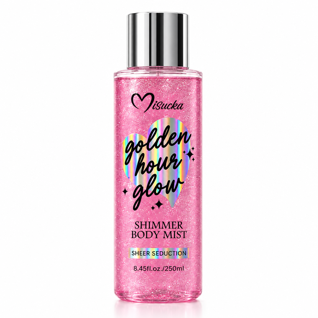 Misucka Golden Hour Glow Shimmer Body Mist Sheer Seduction 250ml - Frasco rosa con tapa plateada