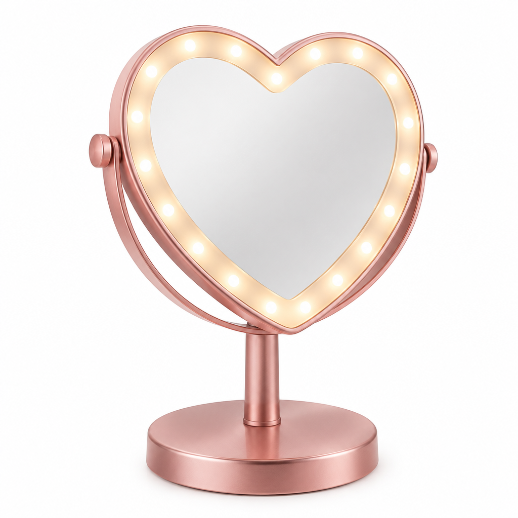 Espejo corazón con luz LED rosado dorado