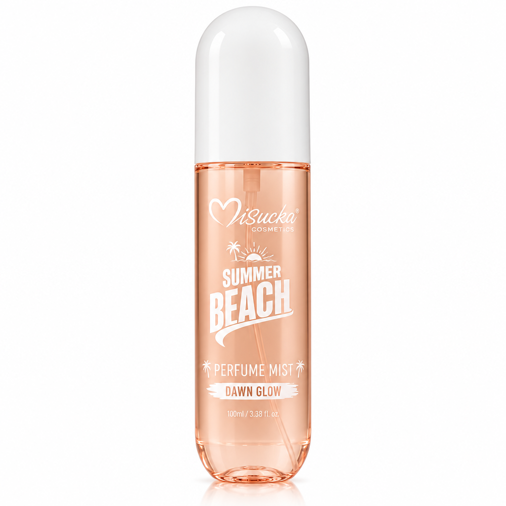 Misucka Summer Beach Perfume Mist Dawn Glow 100ml - Frasco rosa melocotón con tapa blanca