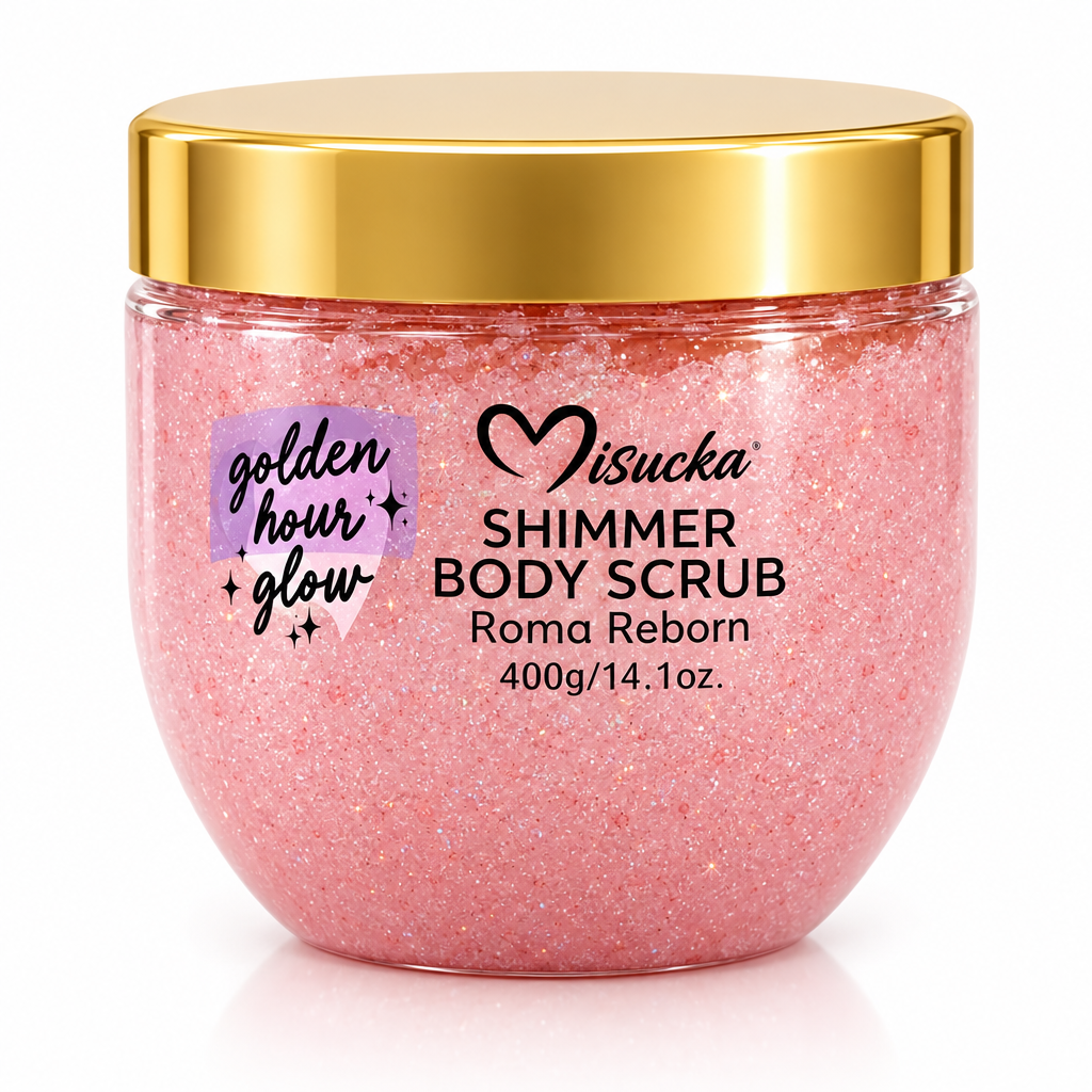 Misucka Shimmer Body Scrub Golden Hour Glow Roma Reborn 400g - Pote con tapa dorada y scrub rosa brillante