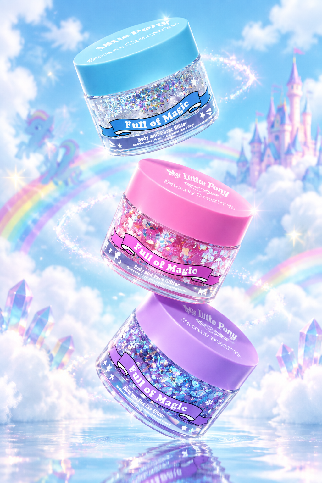 Beauty Creations x My Little Pony Full of Magic - tres potes apilados en nubes
