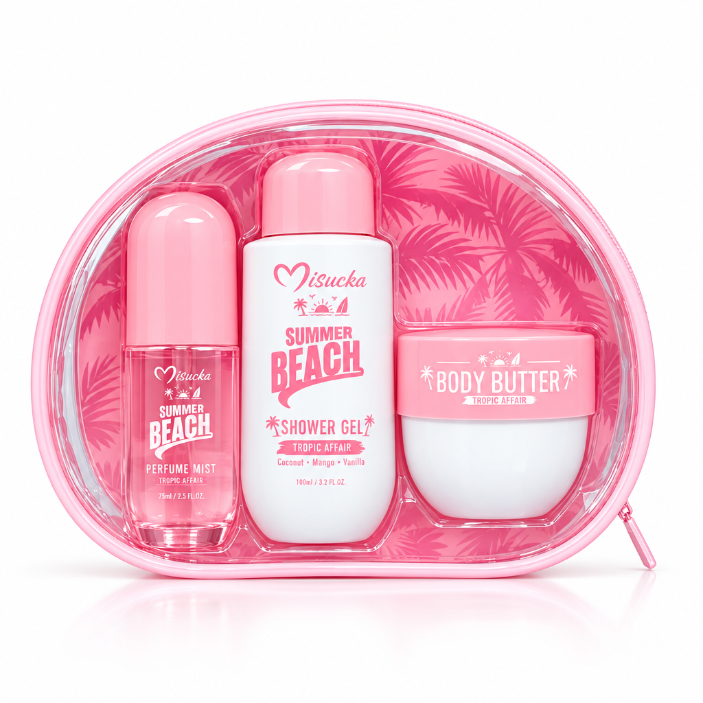 Misucka Summer Beach Travel Gift Set Tropic Affair - Neceser rosa con Perfume Mist, Shower Gel y Body Butter