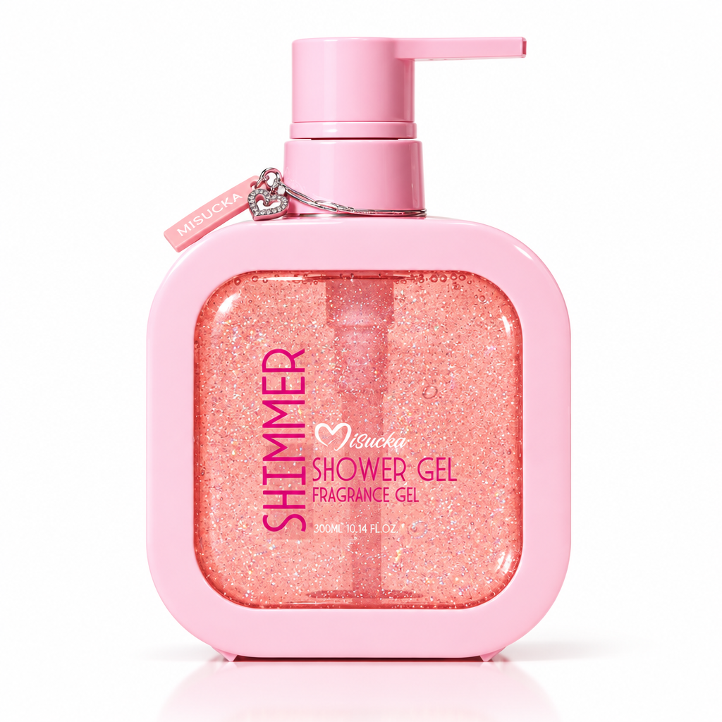 Misucka Shimmer Shower Gel 300ml - Frasco cuadrado rosa con pump