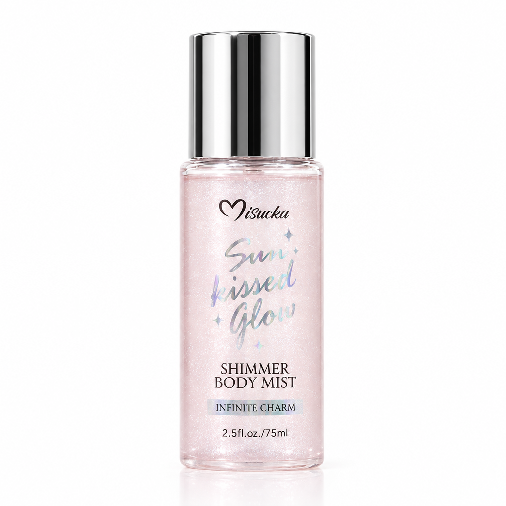 Misucka Sun Kissed Glow Shimmer Body Mist Infinite Charm 75ml - Frasco mini blanco perlado con tapa plateada
