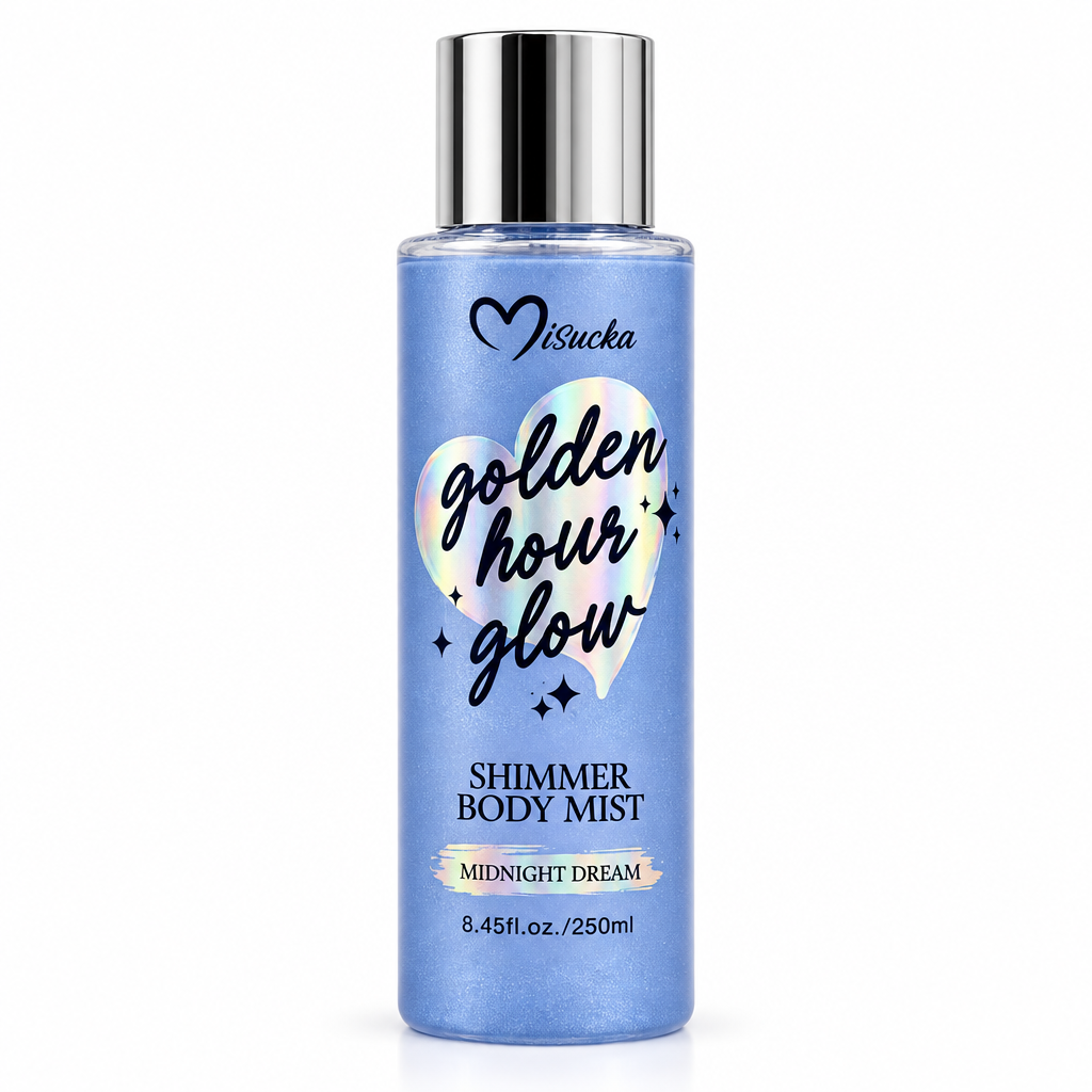 Misucka Golden Hour Glow Shimmer Body Mist Midnight Dream 250ml - Frasco azul con tapa plateada