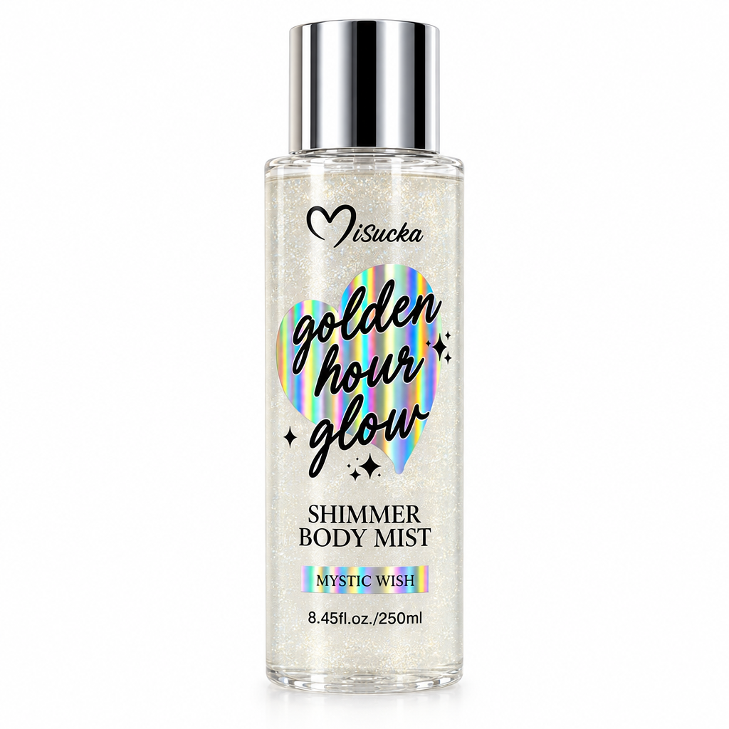 Misucka Golden Hour Glow Shimmer Body Mist Mystic Wish 250ml - Frasco transparente con tapa plateada