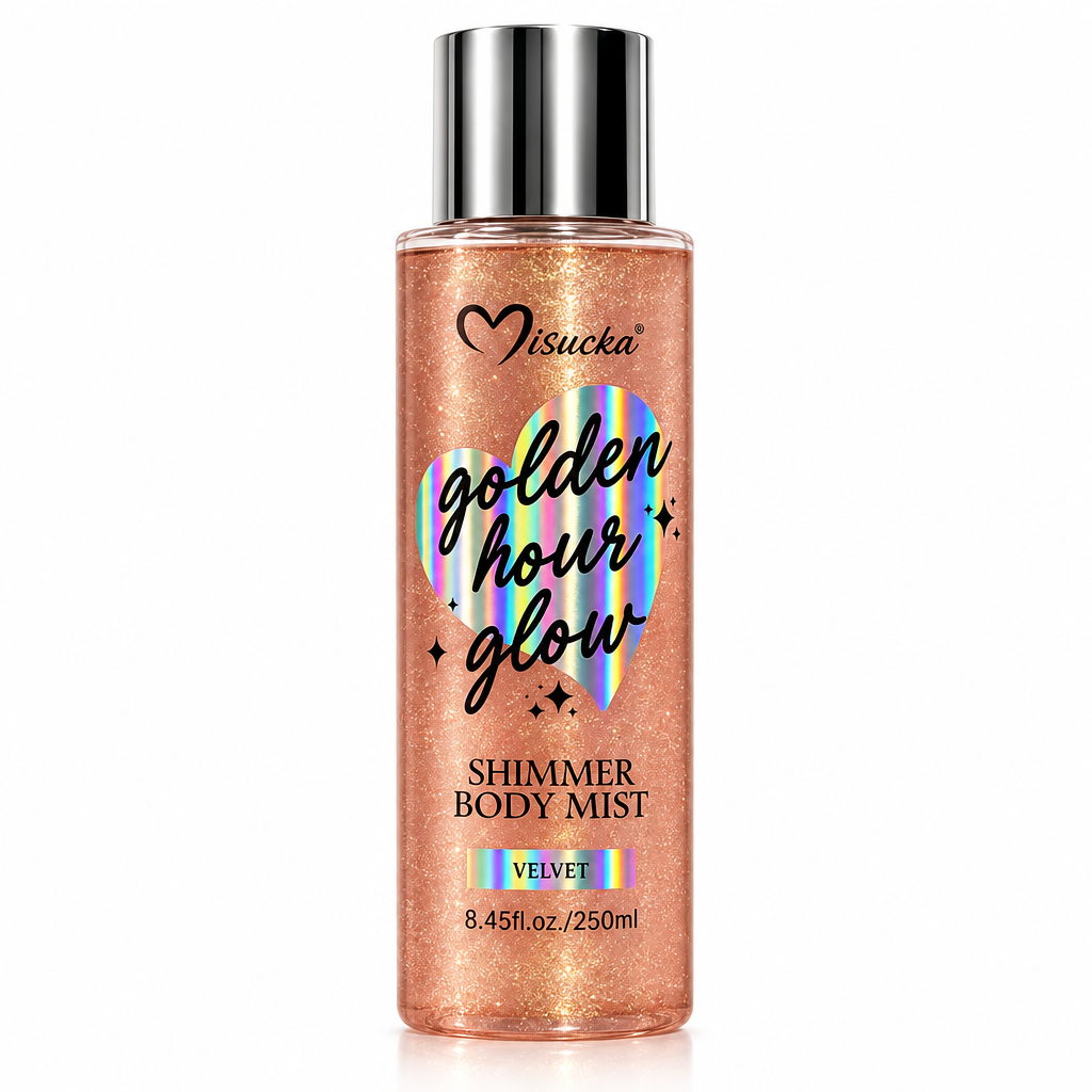 Misucka Golden Hour Glow Shimmer Body Mist Velvet 250ml - Frasco rosado cobre con tapa plateada