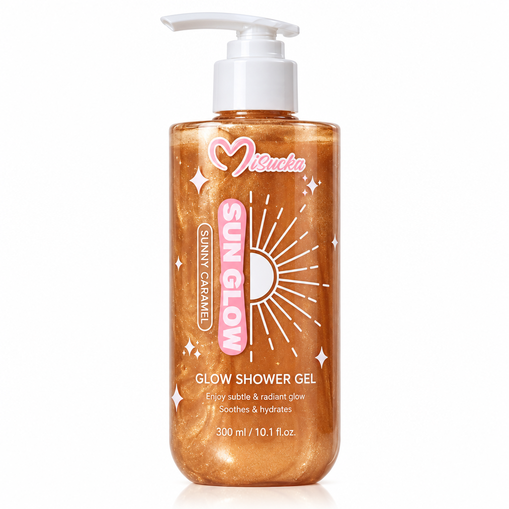 Misucka Sun Glow Shower Gel Sunny Caramel 300ml - Frasco transparente con bomba blanca y gel color caramelo dorado