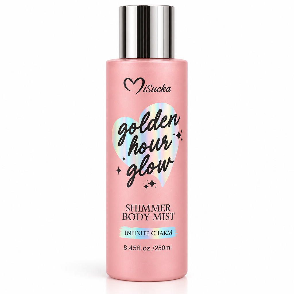 Misucka Golden Hour Glow Shimmer Body Mist Infinite Charm 250ml - Frasco rosa palo con tapa plateada
