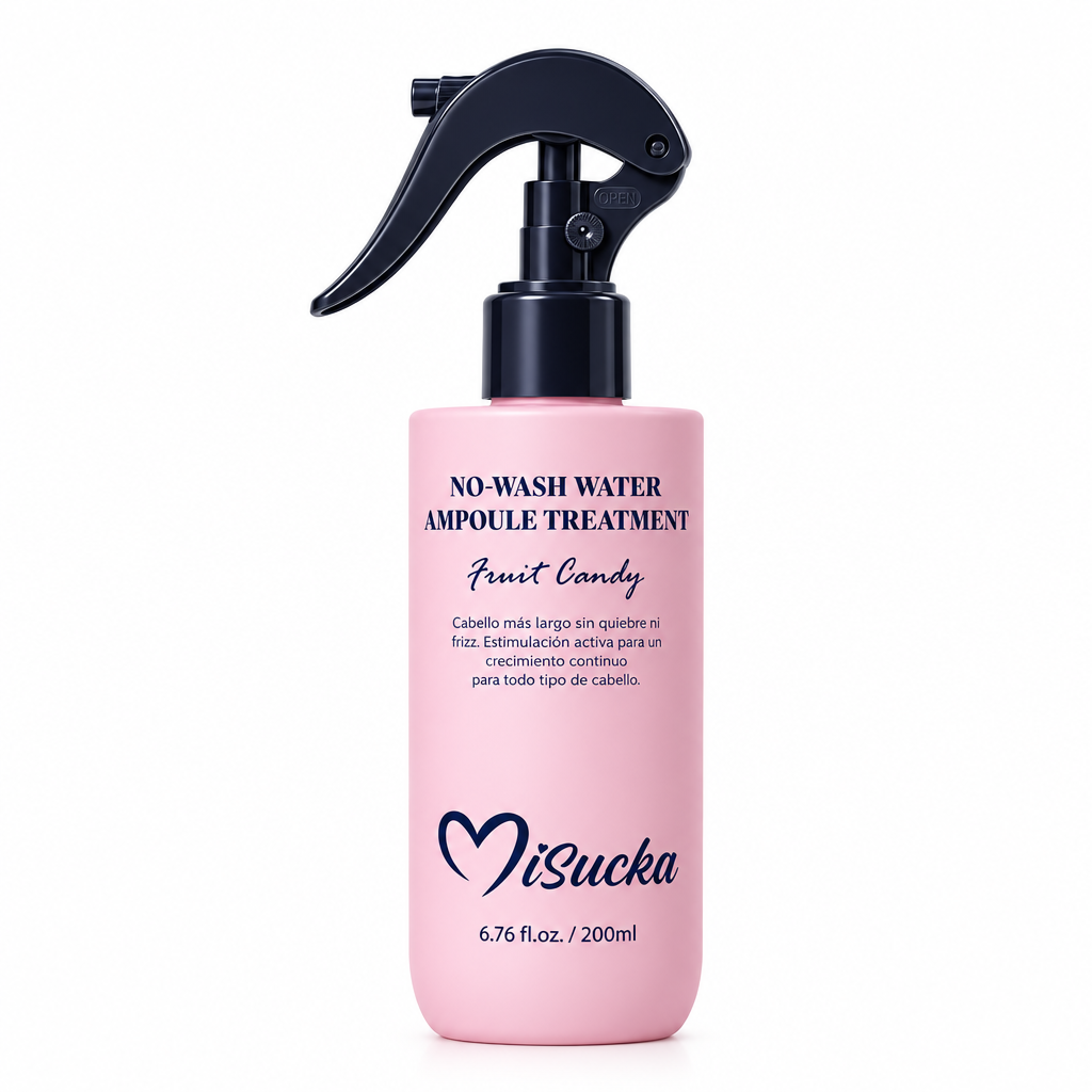 Misucka No-Wash Water Ampoule Treatment Fruit Candy 200ml - Frasco spray rosado con bomba negra
